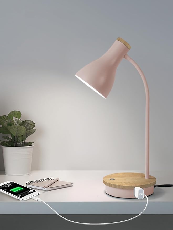 Metal Desk Lamp Touch Reading Lights Table Lamp Arc Desk Lamps for Bedroom, 3 Way Dimmable Bedside Lamp with USB Charging Ports, Reading Lamp for Study Room and Office (Pink-02) - LeafyLoom