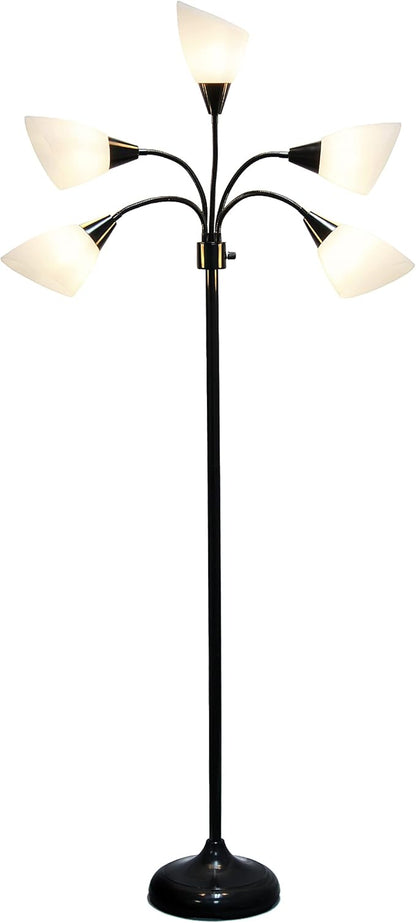 Simple Designs LF2006-BAW 67" Contemporary Multi Head Medusa 5 Light Adjustable Gooseneck Black Floor Lamp with White Shades for Kids Bedroom Playroom Living Room Office - LeafyLoom