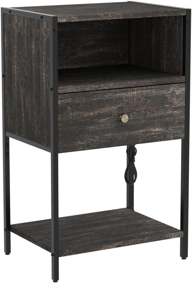 LDTTCUK Nightstand with Charging Station, Modern End Table with Drawer, Bedside Table with Open Storage for Bedroom, Retro Grey - LeafyLoom