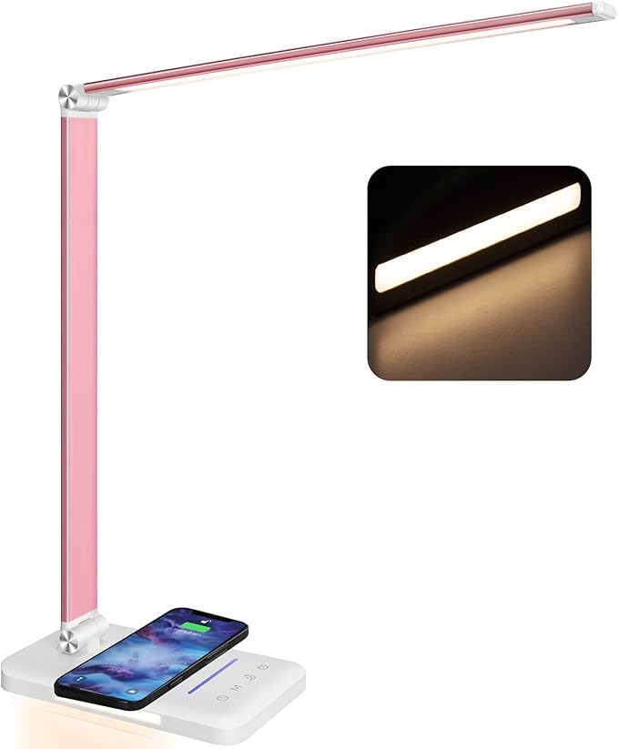 LED Desk Lamp with Night Light, Fast Wireless Charger, USB Charging Port, 10 Brightness, 5 Color Modes, Dimmable Bedside Table Lamp for Bedroom, Touch Control, Auto Timer, 1200Lux Super Bright - LeafyLoom