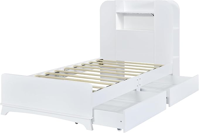 Merax Twin Bed Frame with Shelves and Storage Drawers Underneath,White Twin Size Platform Bed with Headboard and Light - LeafyLoom