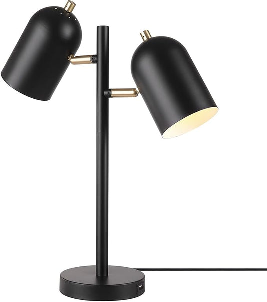 Globe Electric 52994 19" 2-Light Desk Lamp, Matte Black, Matte Brass Accents, 2.1A USB Port, On/Off Rotary Switch on Each Shade - LeafyLoom