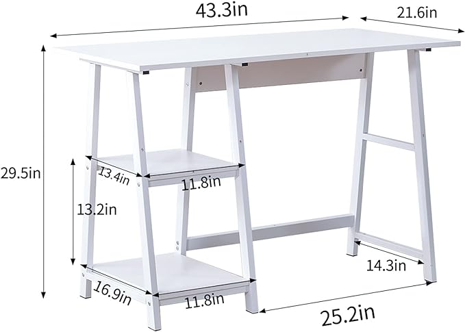 Natwind 43" White Desk Home Office Computer Working Kid Student Study Table with 2-Tier Storage Bookshelves Modern Simple Study Laptop Writing Elegant Style Desk Workstation - LeafyLoom