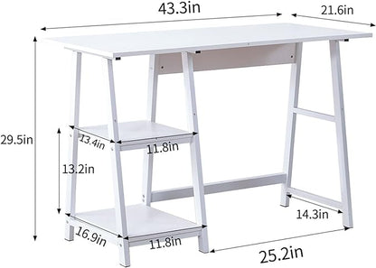 Natwind 43" White Desk Home Office Computer Working Kid Student Study Table with 2-Tier Storage Bookshelves Modern Simple Study Laptop Writing Elegant Style Desk Workstation - LeafyLoom