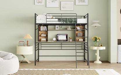 RITSU Twin Size Loft Bed with Desk and Storage Shelves, Metal BedFrame,w/Ladder & Fenced Around Guardrails, Easy Assembly, for Adults, Kids, Teens, Black - LeafyLoom