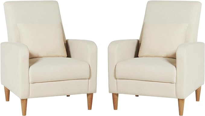 COLAMY Modern Accent Living Room Chairs Set of 2, Upholstered Fabric Armchair Reading Side Chair, Single Sofa with Back Pillow and Wood Legs, Beige - LeafyLoom