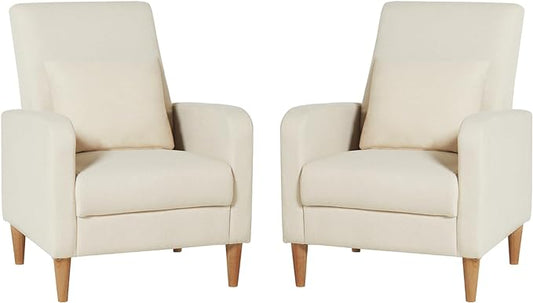 COLAMY Modern Accent Living Room Chairs Set of 2, Upholstered Fabric Armchair Reading Side Chair, Single Sofa with Back Pillow and Wood Legs, Beige - LeafyLoom