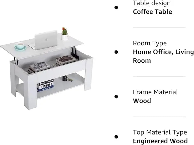 FDW Lift Top Coffee Table with Hidden Compartment and Storage Shelf Wooden Lift Tabletop for Home Living Room Reception Room Office (White) - LeafyLoom