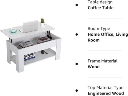 FDW Lift Top Coffee Table with Hidden Compartment and Storage Shelf Wooden Lift Tabletop for Home Living Room Reception Room Office (White) - LeafyLoom