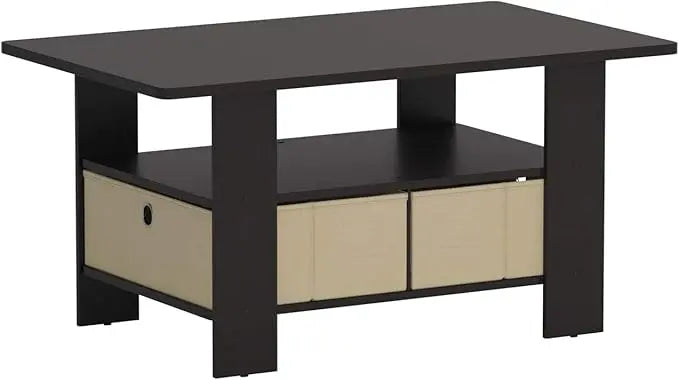 Furinno Coffee Table with Bins, Espresso/Brown - LeafyLoom