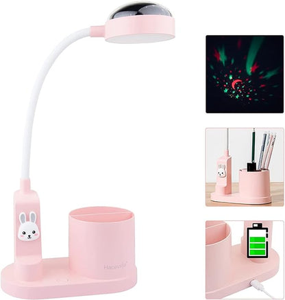 Cute Kids Desk Lamp 2000mAh Rechargeable Kawaii Desk Lamp with Star Projection/Pen Holder, Aesthetic Kids Bedside Lamp with Flexible Gooseneck/ 3 Level Brightness/Eye-Caring for Reading, Pink - LeafyLoom