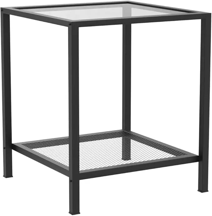 SAYGOER Black Side Table Small Glass End Table 2-Tier Narrow Square Bed Side Table Sofa Small Leisure Table with Black Metal Frane for Living Room Bedroom Balcony Patio, Black Glass - LeafyLoom