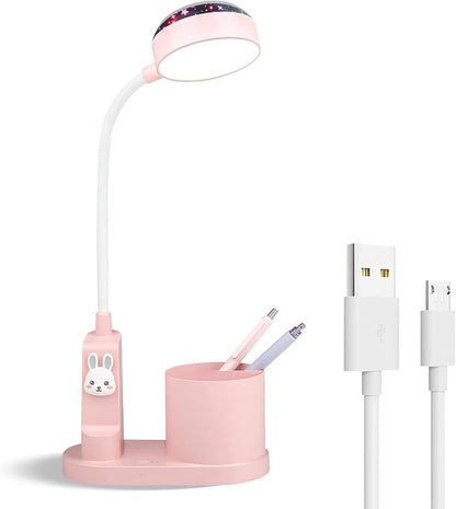 Pink Kids Desk Lamp with Pen holder, Rabbit cute LED Desk/Table Lamp with Dimmable Natrue Light, USB rechargeable and Funny projector, Small Bedside lamp, LED lamp for girls Bedrooms - LeafyLoom