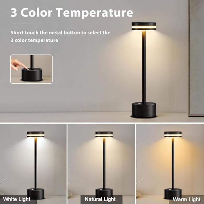 Cordless Metal Desk Lamp,Portable LED Table Lamp with Touch Sensor,3 Color Rechargeable Lamp,3-Levels Brightness Lamp,Night Light for Kids Nursery,Bedside Lamp,Dining Room Lamp (Black) - LeafyLoom