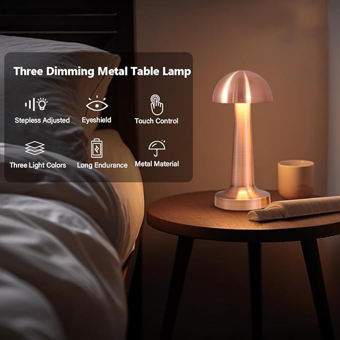 Portable LED Table Lamp, 3-Levels Brightness Metal Desk Lamp, 3 Color Touch Control Rechargeable Lamp, Night Light, Bedside Lamp,Dining Room Lamp (Rose Gold) - LeafyLoom