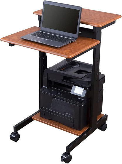 Stand Up Desk Store Rolling Adjustable Height Two Tier Standing Desk Computer Workstation (Black Frame/Teak Top, 24" Wide) - LeafyLoom