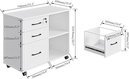 3 Drawer File Cabinets, Mobile Lateral Printer Stand with Open Shelf, Rolling Filing Cabinet with Wheels Home Office Organization and Storage (White) - LeafyLoom