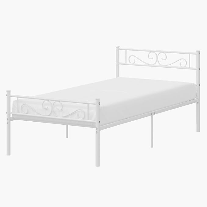 VECELO Twin Size Bed Frame with Headboard, 14 Inch Metal Platform Mattress Foundation, No Boxing Spring Needed, Squeak Resistant, Easy Assembly, White - LeafyLoom