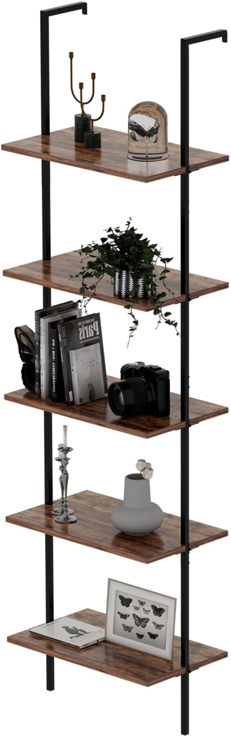 aboxoo Ladder Shelf 5 Tiers Metal Industrial Bookshelf, Rustic Brown Wood Tall Open Storage Rack and Display Shelves Plant Stand,Wall Mount Wide Book Case for Home Office Bedroom,Small - LeafyLoom