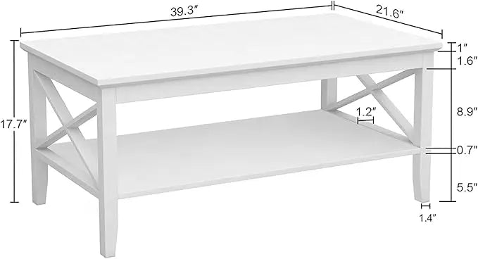 ChooChoo White Coffee Table Classic X Design for Living Room, Rectangular Modern Cocktail Table with Storage Shelf, 39 Inch - LeafyLoom