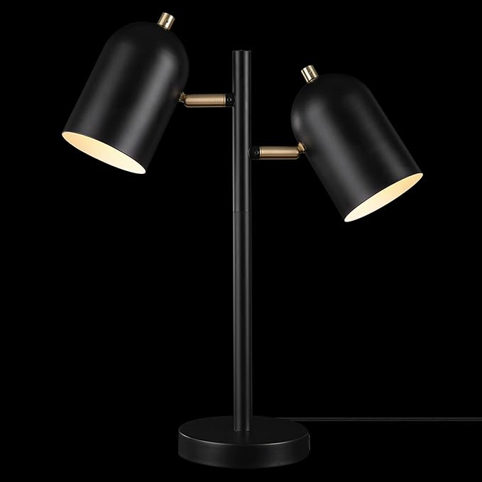 Globe Electric 52994 19" 2-Light Desk Lamp, Matte Black, Matte Brass Accents, 2.1A USB Port, On/Off Rotary Switch on Each Shade - LeafyLoom