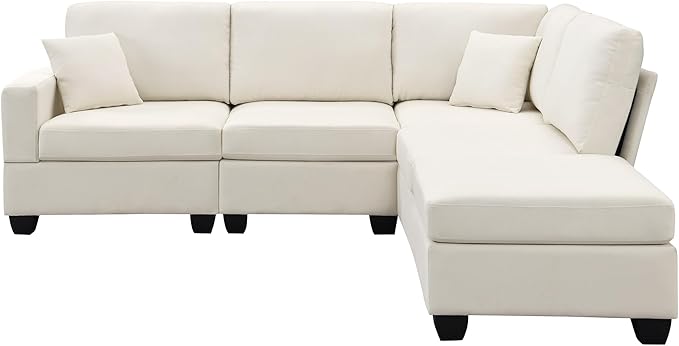 89.8" Modern Sectional Sofa with Convertible Ottoman and 2 Pillows,L-Shape Linen Fabric Corner Couch 5 Set W/Back & Cushion,can Hold up to 330 Lbs,for Apartment,Living Room,Beige - LeafyLoom