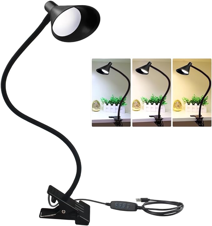 Semlos LED Reading Light, Clamp Lamp 3 Color Modes 5 Brightness, Clip Ligh for Desk Bedside Table, 5W USB Powered, Flexible Arm(Black) - LeafyLoom