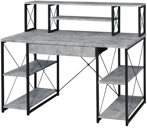 Acme Amiel Wooden 1-Drawer Writing Desk in Faux Concrete and Black - LeafyLoom