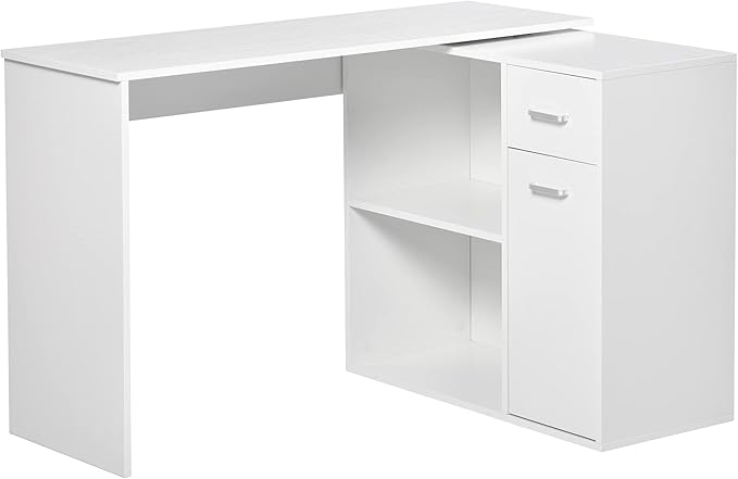 HOMCOM L Shaped Computer Desk, 180° Rotating Corner Desk with Storage Shelves, Drawer and Cabinet, Study Workstation for Home Office, White - LeafyLoom