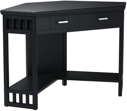 Leick Home 83430 Corner Computer/Writing Desk with Center Keyboard Drawer and Shelf, Black Oak - LeafyLoom