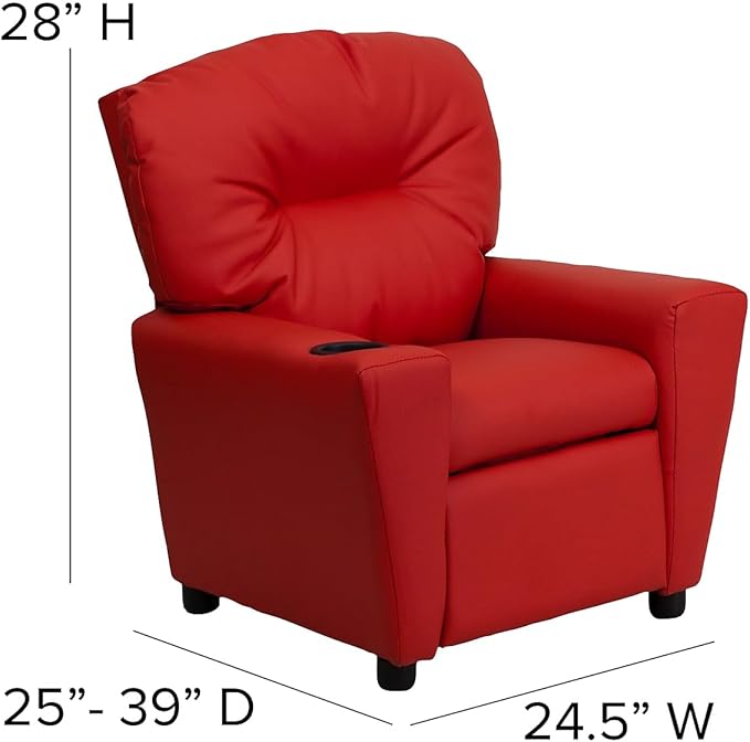 Flash Furniture Chandler Vinyl Kids Recliner with Cup Holder and Safety Recline, Contemporary Reclining Chair for Kids, Supports up to 90 lbs., Red - LeafyLoom