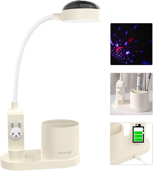 Cute Kids Desk Lamp 2000mAh Rechargeable Kawaii Desk Lamp with Star Projection & Pen Holder, Aesthetic Kids Bedside Lamp with Flexible Gooseneck/ 3 Level Brightness/Eye-Caring for Reading, Study - LeafyLoom