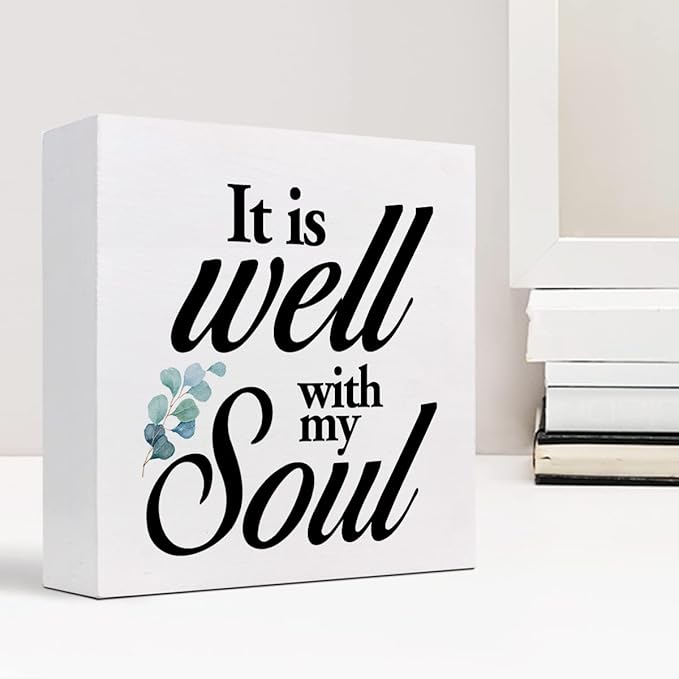 Christian Quote It Is Well With My Soul Wood Box Sign,Holy Bible Quote Decor Desk Sign,Inspirational Song and Hymn Wooden Block Sign for Home Bedroom Office Shelf Tabletop - LeafyLoom