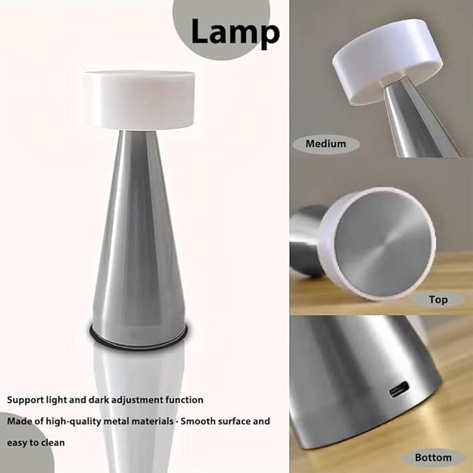 Portable Metal LED Table Lamp, Cordless Metal Desk Lamp, Touch Control Rechargeable Lamp,3-Levels Brightness Room Decor Desk Lamp,Bedside Lamp,Dining Room Lamp (Silver) - LeafyLoom