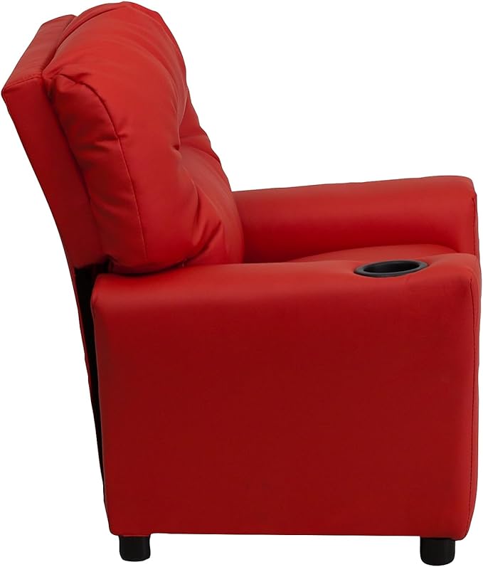 Flash Furniture Chandler Vinyl Kids Recliner with Cup Holder and Safety Recline, Contemporary Reclining Chair for Kids, Supports up to 90 lbs., Red - LeafyLoom