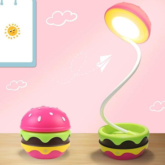 Cute Desk Lamp for Kids, Hamburger Girls Small Desk Lamps Rechargeable with Dimmable Touch Adjustable Neck, Kawaii Desk Lamp Night Lights,Girl Desk Accessories Kawaii Room Decor for Kid Gifts - LeafyLoom