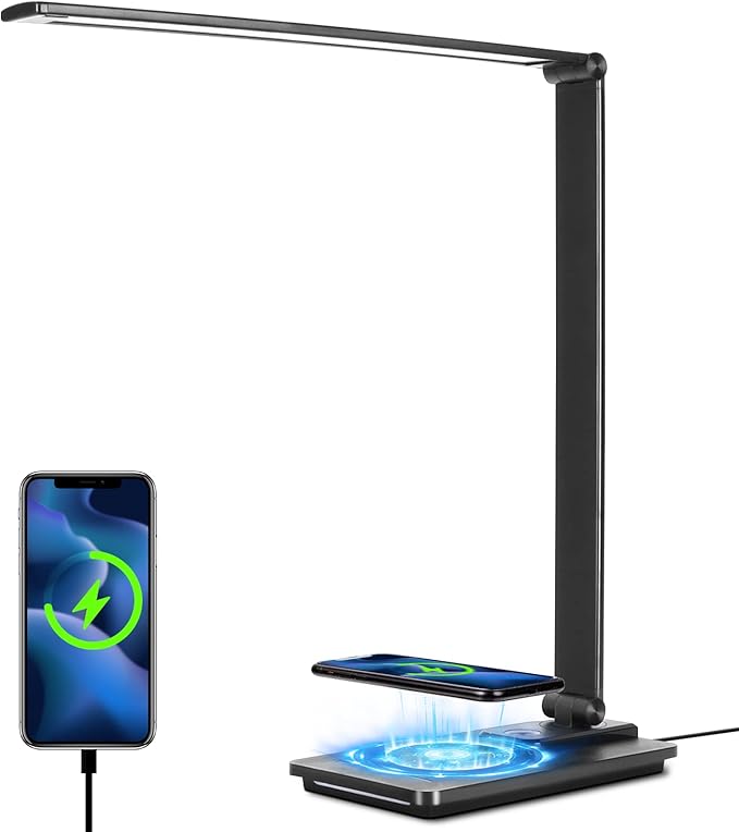 LED Desk Lamp with 10W Wireless Charger and USB Charging Port,Study Desk Lamp Reading Lamps for Office, 5 Lighting Modes, Full Dimmable Levels, Touch Control - LeafyLoom