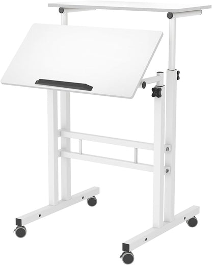 DlandHome Mobile Standing Desk Stand Up Desk Rolling Desk, Stand Sit Desk Mobile Computer Desk Adjustable Standing Desk 23.6inches Table Workstation Mobile Desk Cart Tray White - LeafyLoom