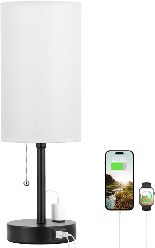 Dicoool 18Inch Tall Bedroom Lamps with USB C and A Ports 3 Color Temperatures - Pull Chain White Nightstand Bedside Table Lamp with AC Outlet, Side Lamp for Living Room End Table - LeafyLoom