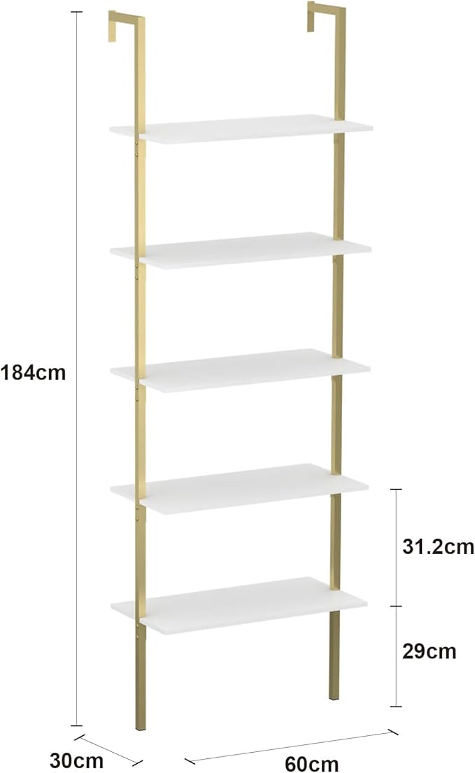 Panana Industrial 5 Tier Ladder Shelf, Open Space Book Shelf Wall Mount Bookshelf with Metal Frame Sturdy Bookcase for Living Room (White, 5 Tier) - LeafyLoom