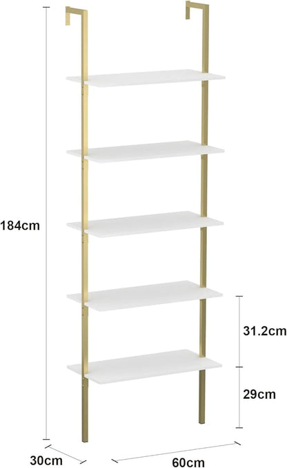 Panana Industrial 5 Tier Ladder Shelf, Open Space Book Shelf Wall Mount Bookshelf with Metal Frame Sturdy Bookcase for Living Room (White, 5 Tier) - LeafyLoom