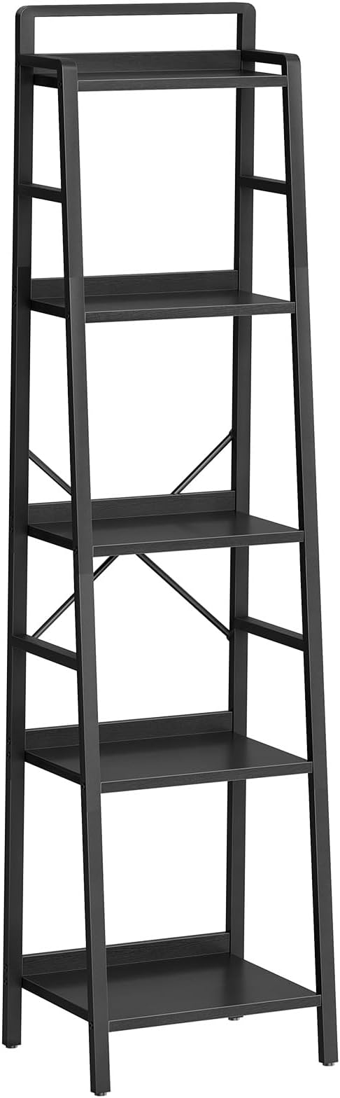 HOOBRO Bookcase, 5-Tier Narrow Bookshelf, Industrial Ladder Shelf, Skinny Bookshelf for Small Spaces, Corner Storage Shelf for Home Office, Living Room, Black BB35SJ01 - LeafyLoom