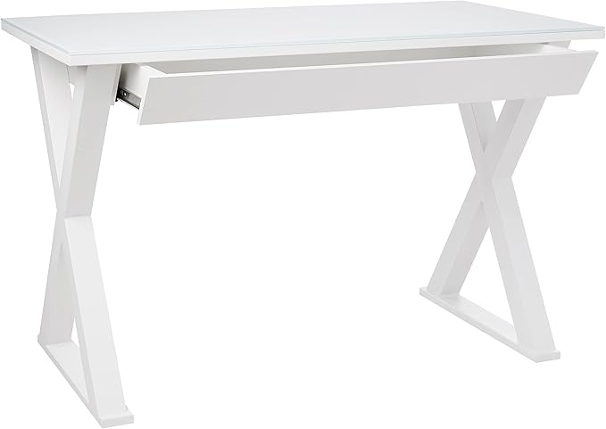 Walker Edison Lawrence Urban Industrial X Leg Glass Top Computer Desk, 48 Inch, White - LeafyLoom