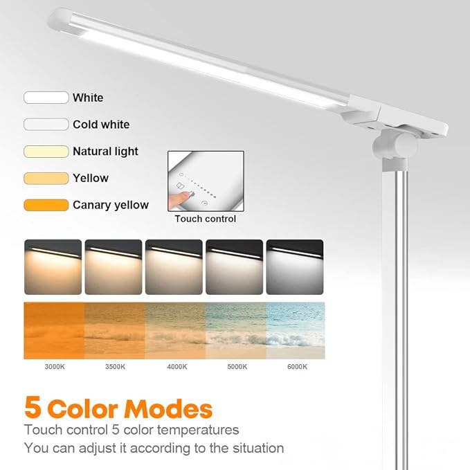 Desk Lamp Eye-Caring LED Table Lamp Dimmable Bedside Lamp with 2 USB Charging Ports and 10 Brightness Levels x 5 Colour Modes Touch Control Daylight Lamp for Office, Bedside, Reading- Auto Timer - LeafyLoom