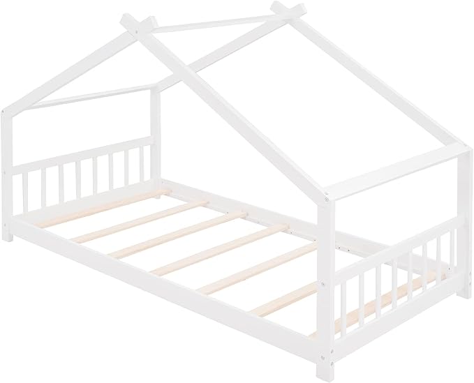 Montessori Floor Bed Frame Twin Size, Twin Floor Bed Frame with Headboard, Footboard and Slats, Wood Montessori Bed Frame/Montessori House Bed for Kids, Girls, Boys(White) - LeafyLoom