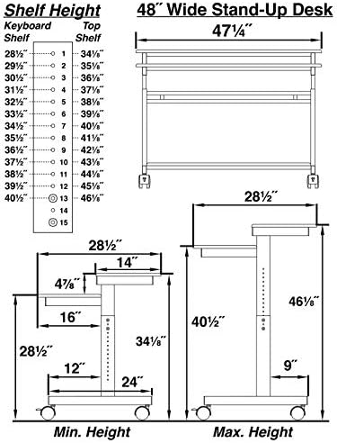 Stand Up Desk Store Rolling Adjustable Height Two Tier Standing Desk Computer Workstation (Black Frame/Black Top, 48" Wide) - LeafyLoom