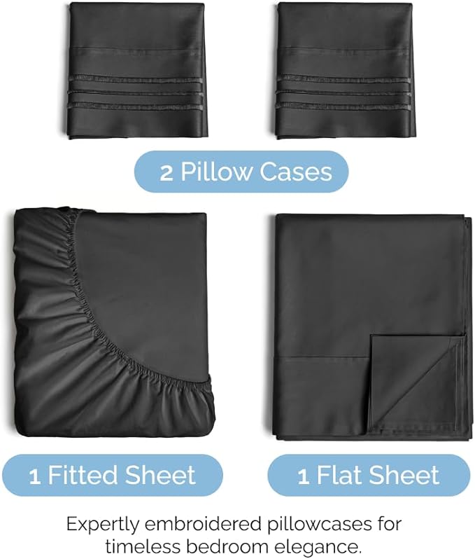 King Size 4 Piece Sheet Set - Comfy Breathable & Cooling Sheets - Hotel Luxury Bed Sheets for Women & Men - Deep Pockets, Easy-Fit, Extra Soft & Wrinkle Free Sheets - Black Oeko-Tex Bed Sheet Set - LeafyLoom