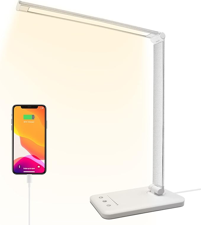 Led Desk Lamp, Desk Lamp with USB Charging Port, 5 Color Modes, 10 Brightness, Natural Light, Eye Caring Reading Lamp, Desk Light for Home Office, Table Lamp, Touch Control, Auto-Timer, White - LeafyLoom