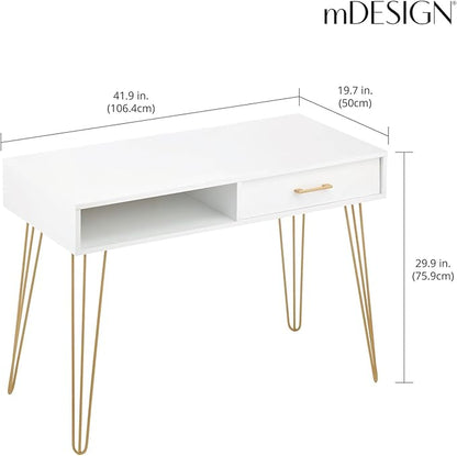 mDesign Metal/Wood Modern Computer Desk - Minimalist Desk and Computer Table with Drawer - Simple Desk with Storage Cubby and Hairpin Legs - Small Work Desk for Home Office, Study - White/Soft Brass - LeafyLoom