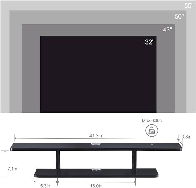 Floating TV Stand, Wall Mounted Entertainment Center and Cabinet Shelf, TV Console with Storage, Media Console for DVD Player, Space-Saving Under TV Shelf for Bedroom, Living Room (Black) - LeafyLoom